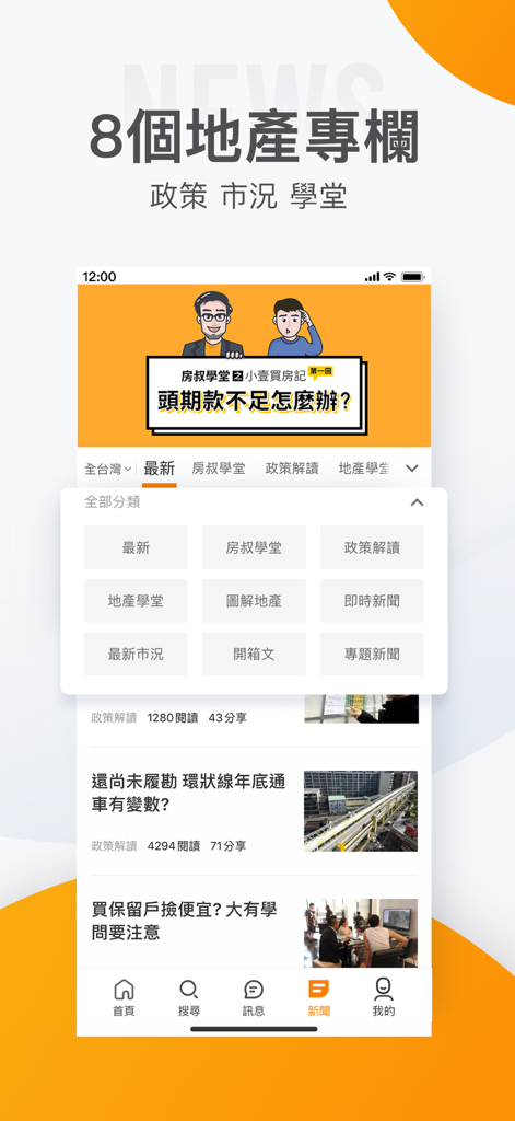 591房屋交易-租屋買屋查房價首選APP - Interface of the 591 app news section showing real estate columns for market trends and policy
