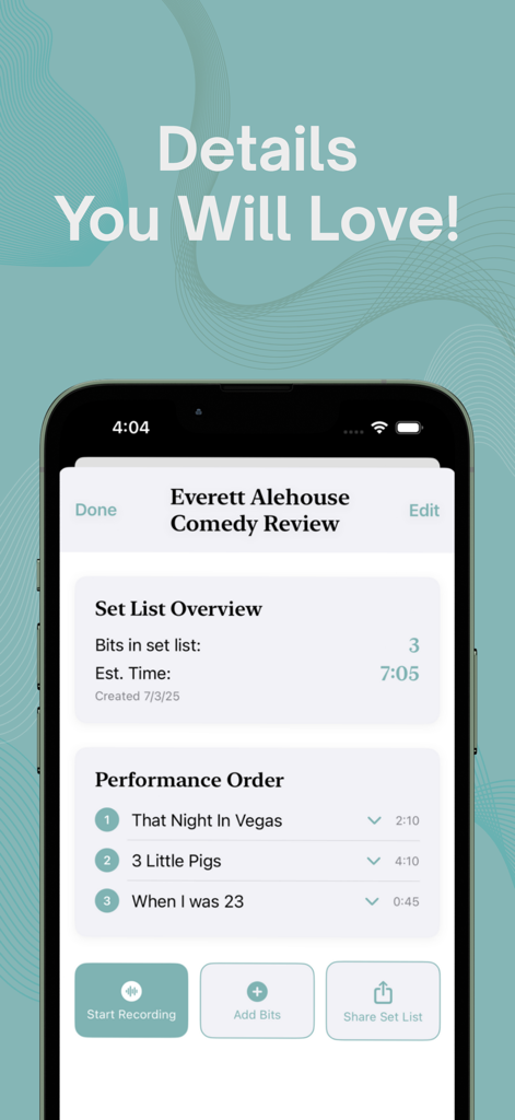 Set List: Standup Manager - Mobile app interface of Set List: Standup Manager showing a comedy setlist overview and performance order with bit timings.