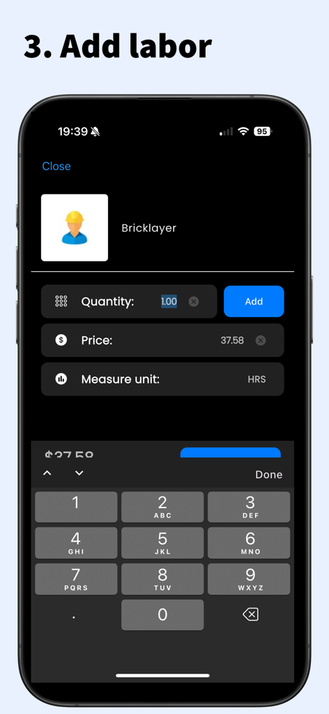 Contractor Estimatorアプリのモバイル画面。時間単価と数量を含むレンガ職人の労務費入力画面を表示しています。