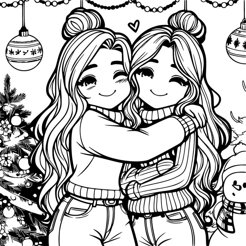 2 girl bffs hugging with background christmasy