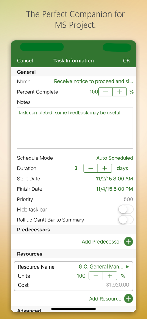 iProject Viewer - iProject Viewer app interface showing task information and resource management