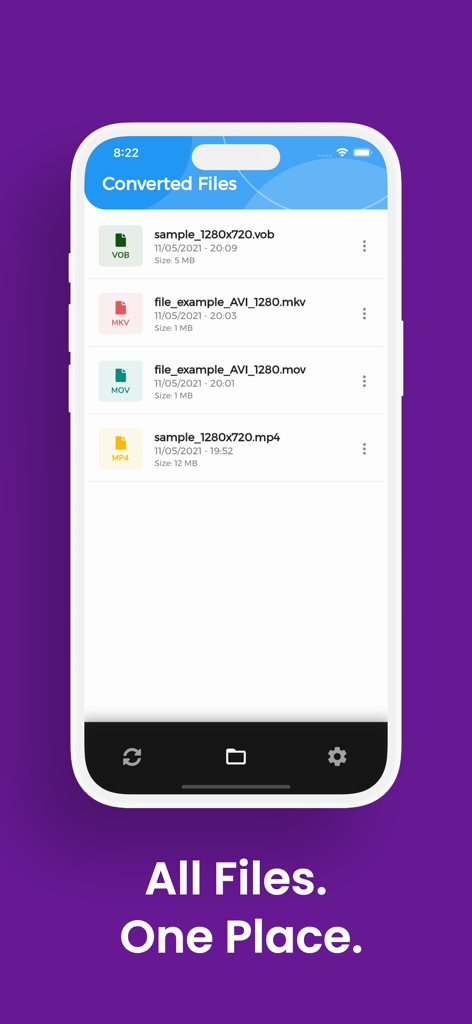 MPEG Converter, MPEG to MP3 - Pantalla móvil que muestra una lista de archivos de video convertidos en formatos como MP4, MOV y MKV dentro de la aplicación.