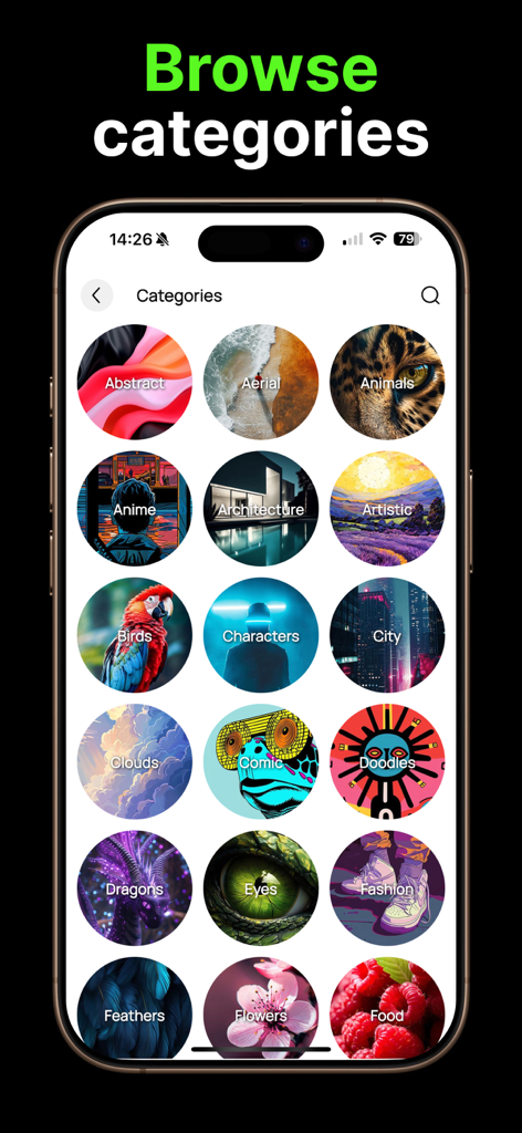 Wallpapers HD & 4K - Thematica - Pantalla de la aplicación Thematica que muestra una amplia selección de categorías de fondos de pantalla para la personalización del iPhone.
