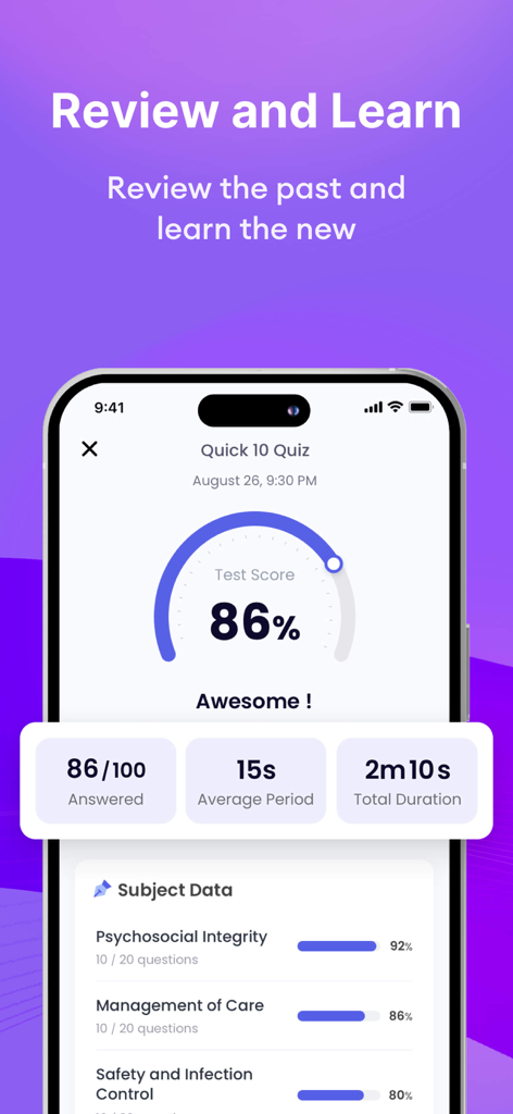 NCLEX® Exam Prep 2026 - NCLEX Exam Prep app showing a quiz result of eighty-six percent with a breakdown of subject scores and study analytics.