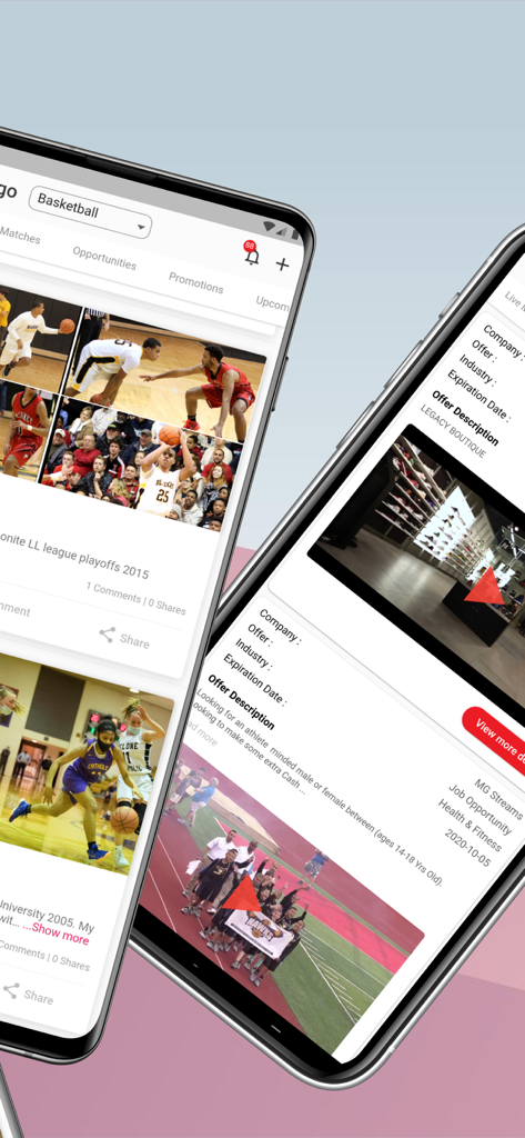 Iungo World - Two smartphones displaying the Iungo World app interface with sports highlights and athlete job offers