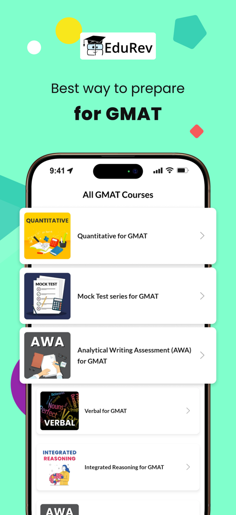 GMAT試験対策アプリで、数量模擬テストと分析ライティング評価のコースリストが表示されています