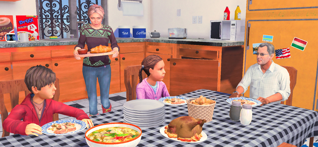 Doctor Mom Life Simulator - A mother serving dinner to her husband and children in a virtual kitchen