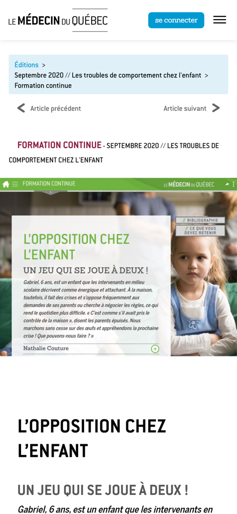 Le Médecin du Québec - A medical continuing education article titled L'opposition chez l'enfant displayed in the Le Medecin du Quebec app.