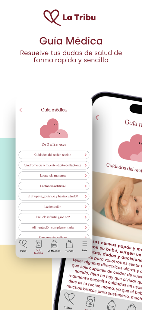 La Tribu de Lucía mi pediatra - Screenshot dell'app La Tribu che mostra un elenco di guide mediche pediatriche per bambini da 0 a 12 mesi.
