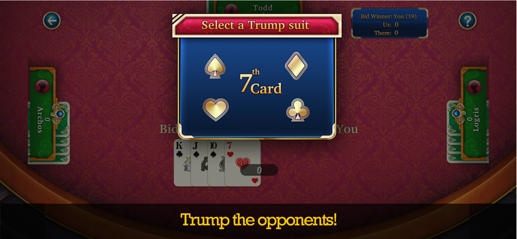29 Card Game: Offline Fun Game - A gameplay screenshot of the 29 Card Game showing the trump suit selection screen with icons for spades diamonds hearts and clubs