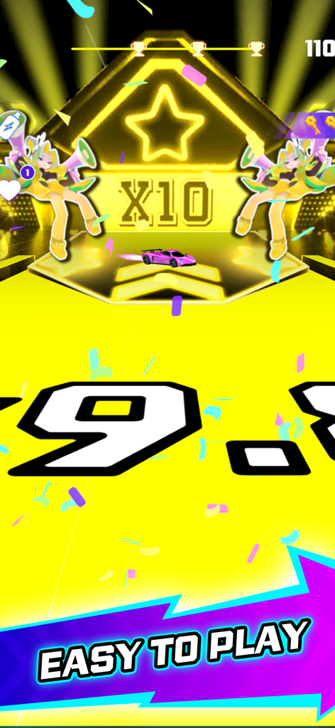 Rhythm Racer Music Go - Rhythm Racer Music Go gameplay showing a pink sports car on a bright yellow neon track with Easy to Play text.