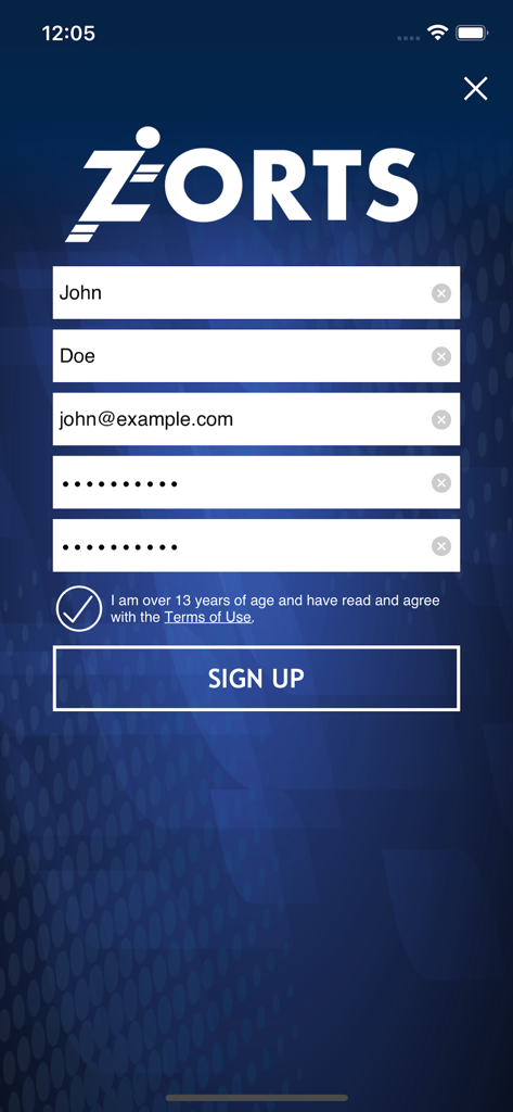 Registration screen of the Zorts Sports app with fields for name email and password
