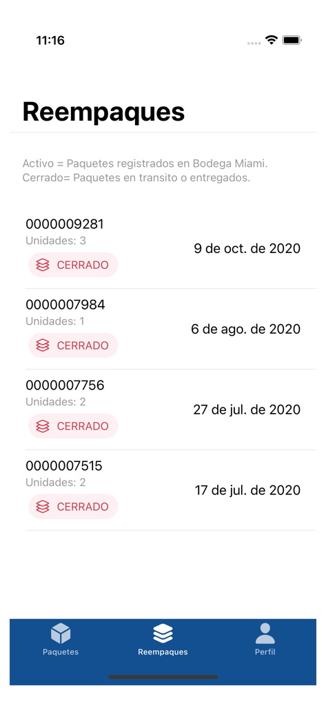 MultiEnvíos Express - MultiEnvíos Express app interface displaying the repackaging history and delivery status of international shipments.