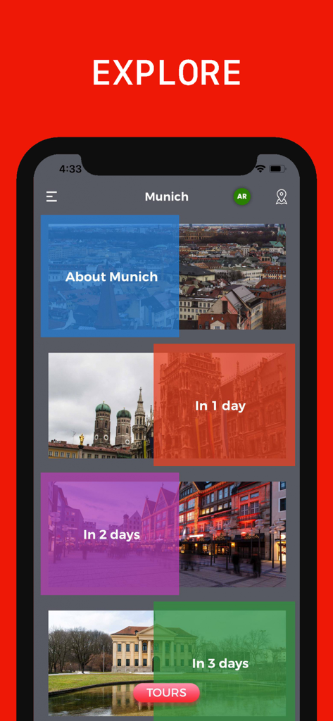Munich Travel Guide 앱 인터페이스에 1일, 2일, 3일 일정 옵션이 표시됨