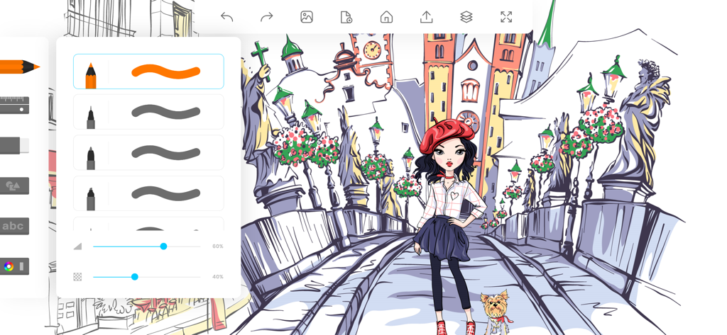 ArtDraw: Sketch & Paint Studio - ArtDraw app interface showing digital painting tools and a city scene illustration