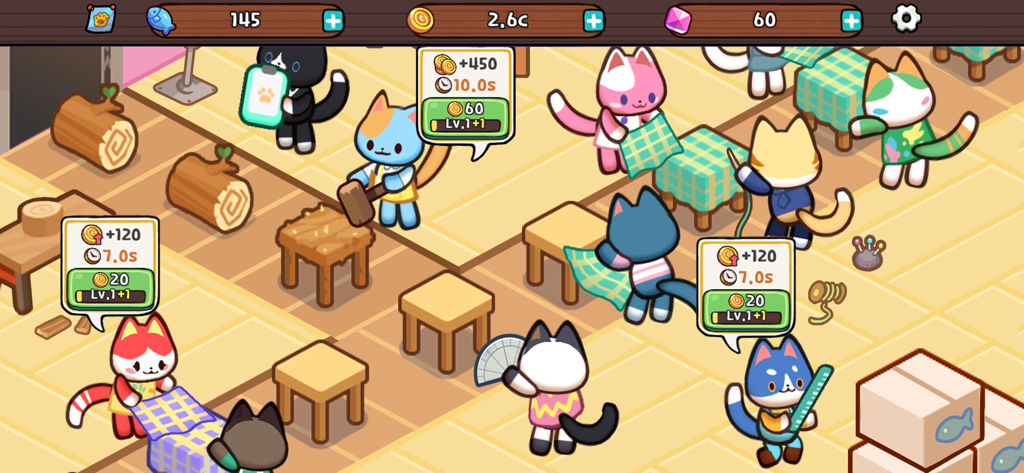 Kitty Cat Tycoon - Cute cartoon cats working in a furniture workshop crafting tables and chairs in the Kitty Cat Tycoon game.