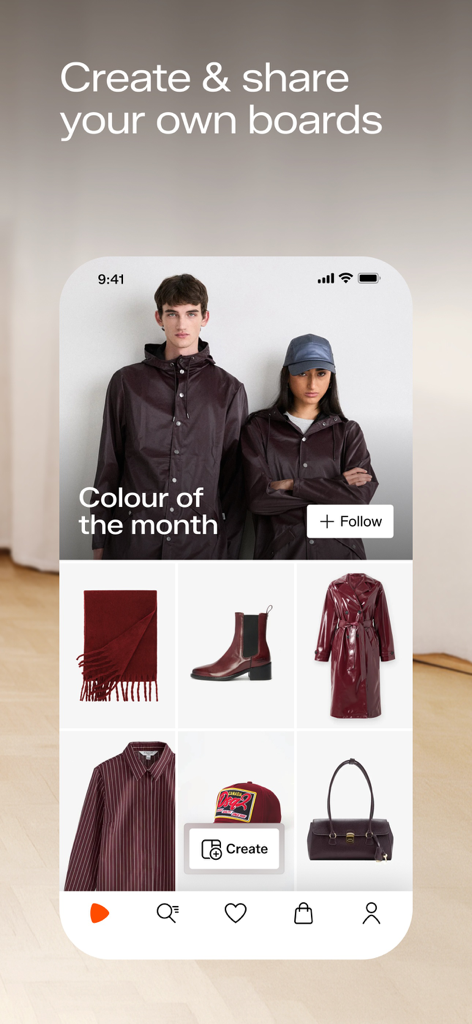 Zalando – Online fashion - Ein Screenshot der Zalando-App, der die Funktion zum Erstellen und Teilen von Style-Boards mit einem Farbthema des Monats zeigt