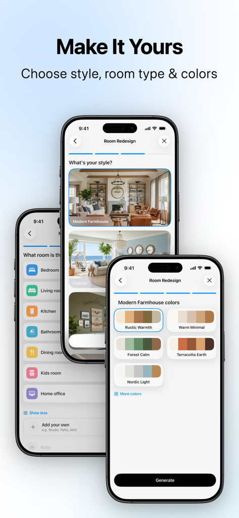 Home & Room AI Interior Design - Roomish AIインテリアデザインアプリのスクリーンショット、部屋のタイプ、デザインスタイル、カラーパレットの選択を表示