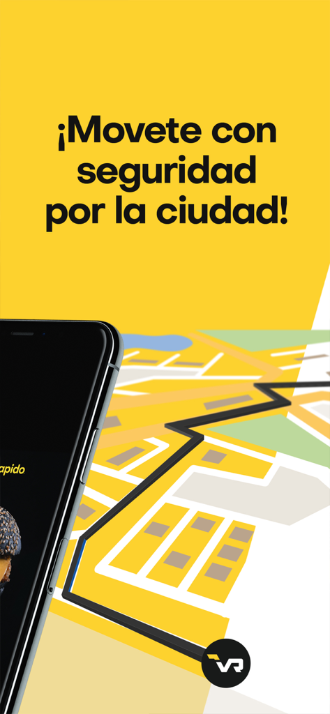 Vamos Rapido app interface showing a city map with a delivery route and safety message in Spanish