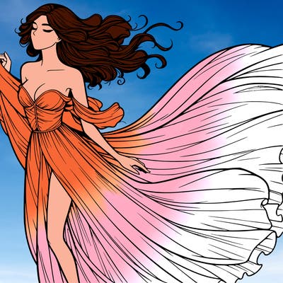 realistic woman in dress flowing the the wind