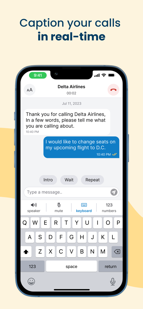Tela do smartphone mostrando o aplicativo Nagish fornecendo legendas de texto em tempo real e respostas de teclado durante uma chamada telefônica