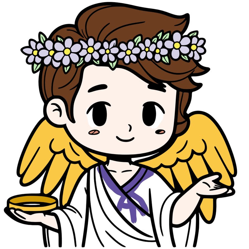 a male angel with a flower crown