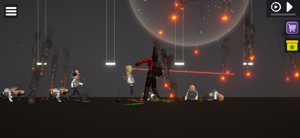 A 3D sandbox battle scene featuring ragdoll characters explosions and lasers