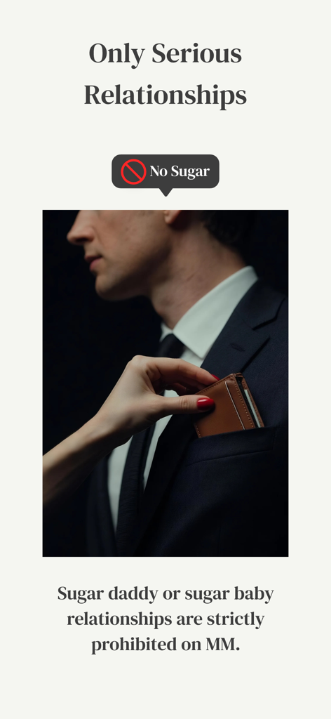MM: Elite Premium Dating App - Schermata dell'app MillionaireMatch che enfatizza le relazioni serie e proibisce rigorosamente gli incontri sugar