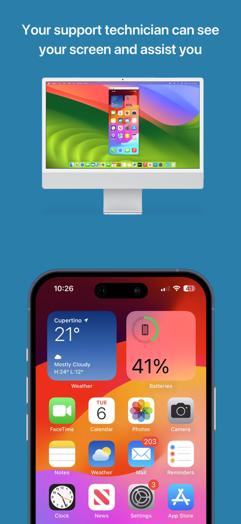 A computer screen remotely mirroring an iPhone home screen for technical support assistance.