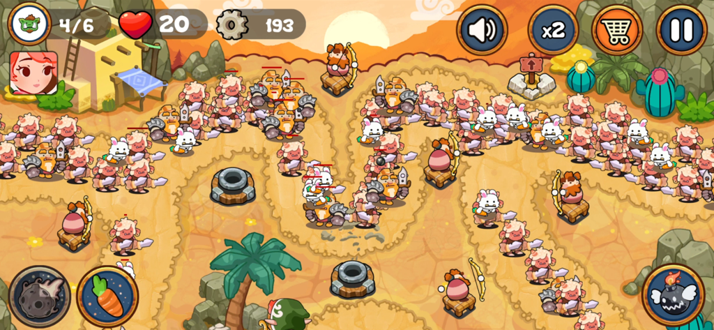 Strategic gameplay of Tower Defense Kingdom Reborn showing towers and enemies on a desert map.