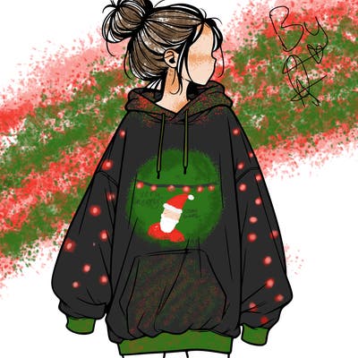 realistic girl with a oversized sweatshirt on and a bun