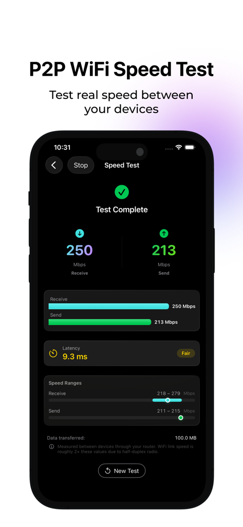 Internet Quality - Screenshot der Internet Quality App, die P2P-WLAN-Geschwindigkeitstest-Ergebnisse einschließlich Download- und Upload-Geschwindigkeiten sowie Latenz anzeigt
