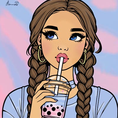 realistic girl with braided hair drinking boba