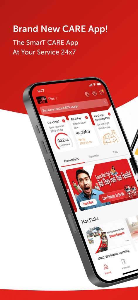 Mobile phone screen displaying the SmarTone CARE app dashboard with data usage and bill payment information