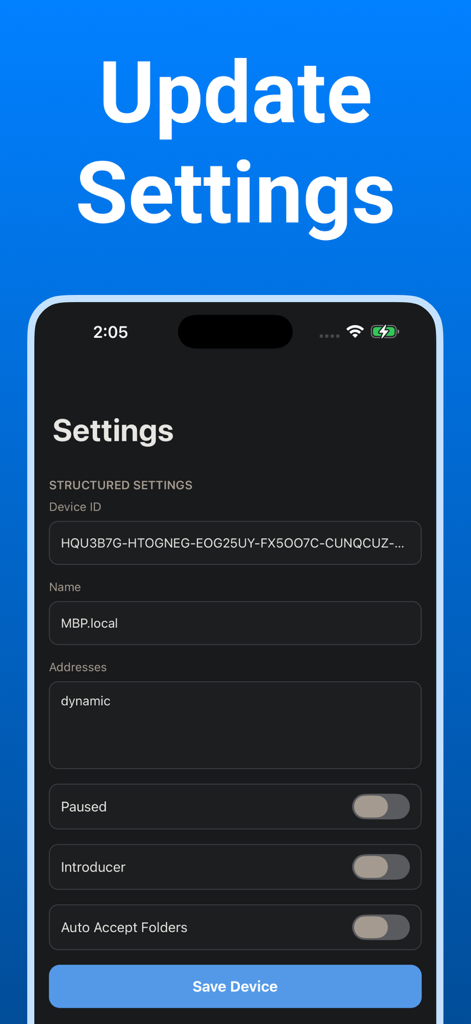 Syncthing Monitor - Update settings screen for a synced device showing technical configuration options in Syncthing Monitor