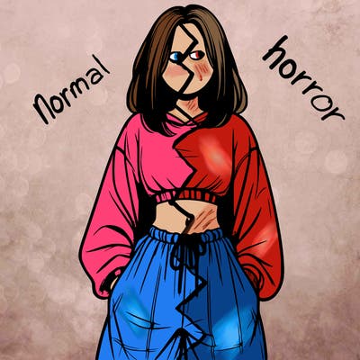 realistic girl faceless with baggy pants and a crop top