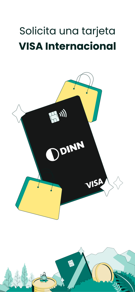DINN: Invierte fácil - Gráfico promocional de la tarjeta de débito internacional Visa de DINN con bolsas de compras y texto en español