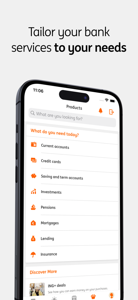 A smartphone displaying the ING Banking app product menu with options for accounts credit cards investments and insurance