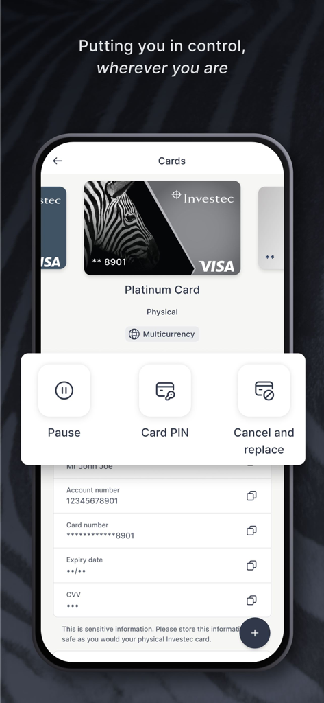 Tela do aplicativo Investec Private Client para gerenciar a segurança e as configurações do cartão Visa.