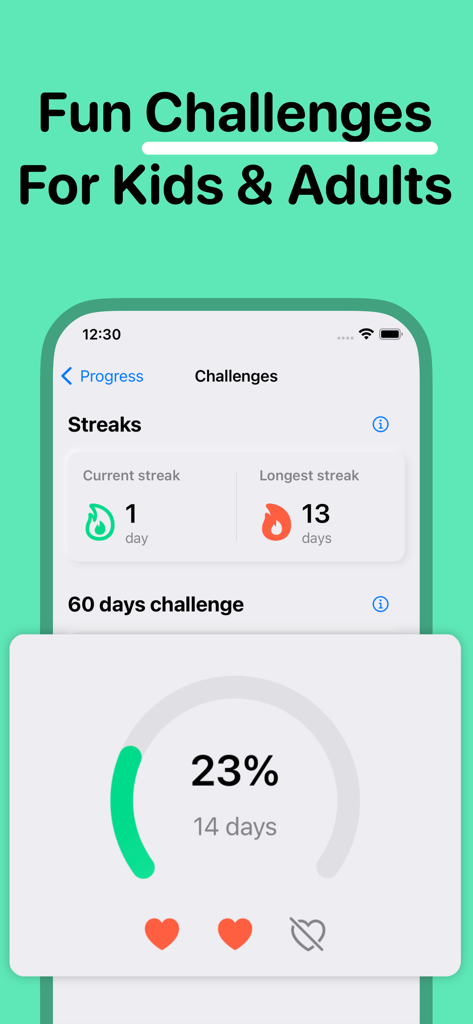 Panel de progreso de rachas diarias y desafío de 60 días en la aplicación FastMath.