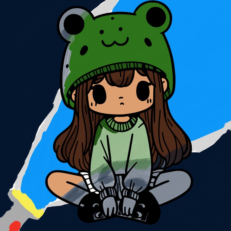 a girl wearing a frog hat and some frog socks