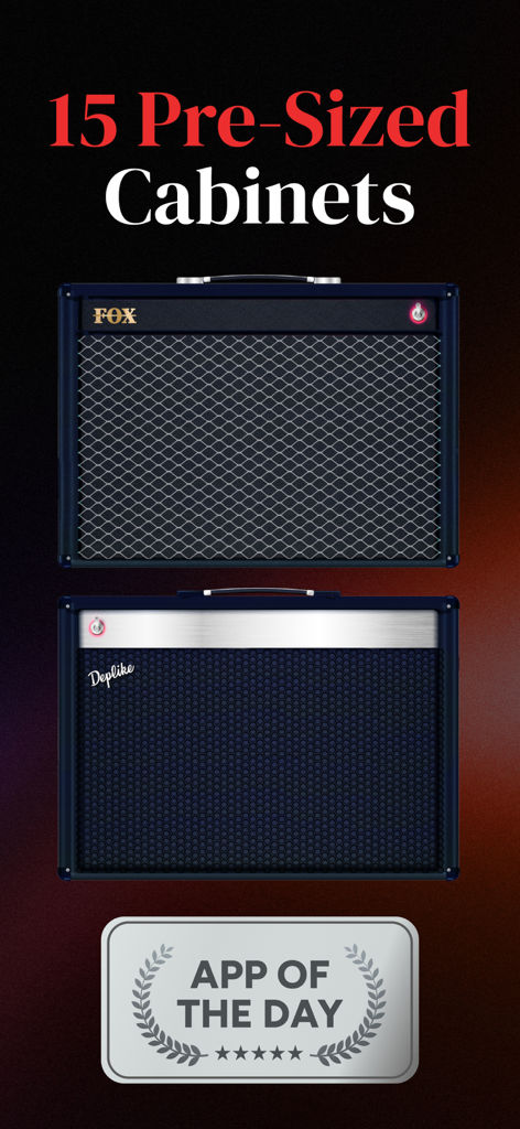 Guitar Amps, Effects, Pedals - Deplike app screen showing two virtual guitar amplifier cabinets and an App of the Day award badge