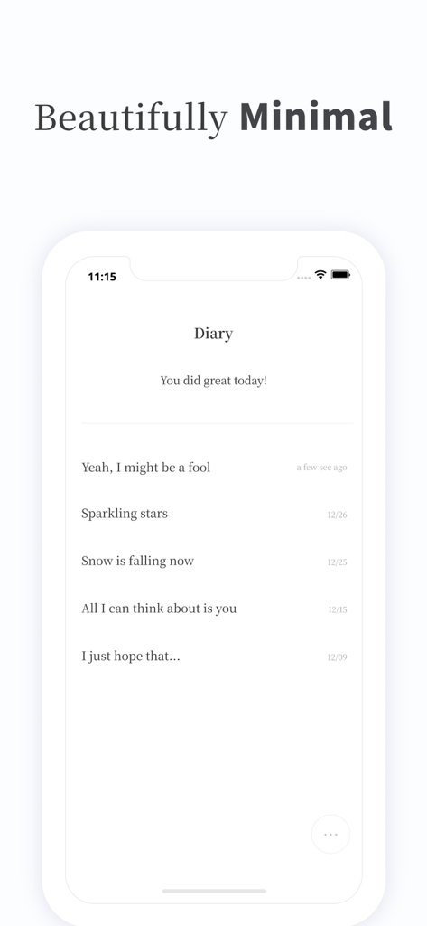 Ein minimalistischer Tagebuchbildschirm der PenCake App, der eine Liste von Journaleinträgen zeigt