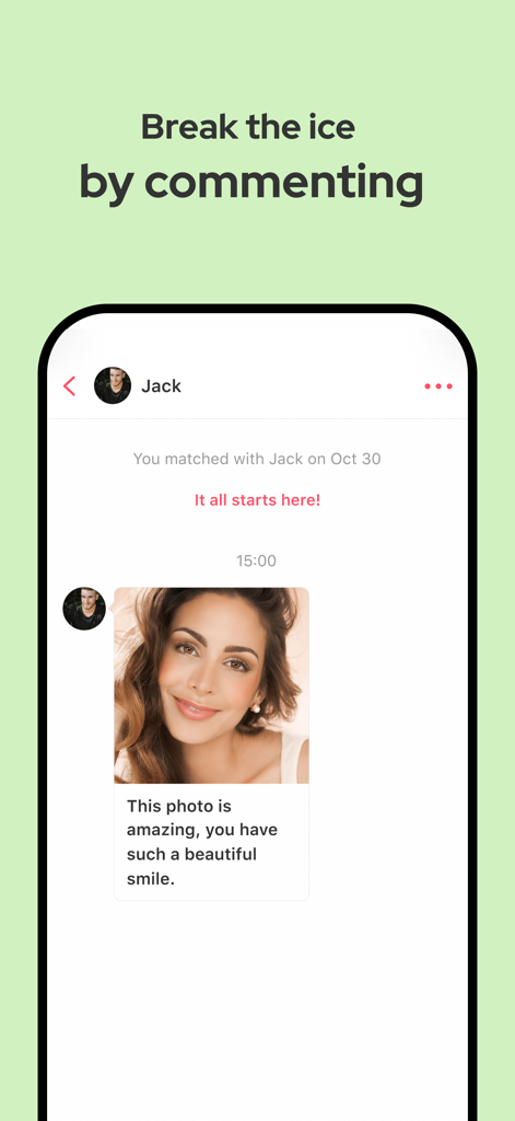 Lovee - Dating & Relationship - Lovee dating app chat interface showing a user breaking the ice by commenting on a profile photo