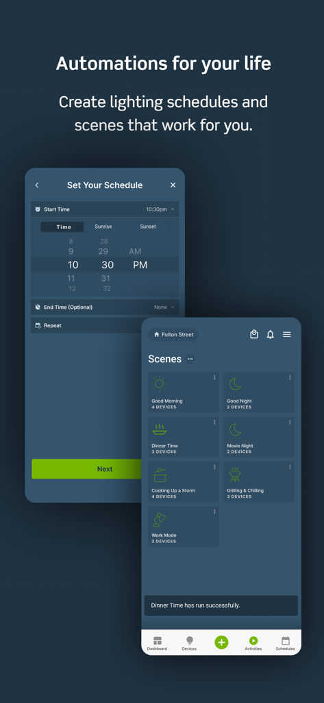 Interface of the My Leviton app showing smart home lighting schedules and predefined scenes like Movie Night and Good Night.