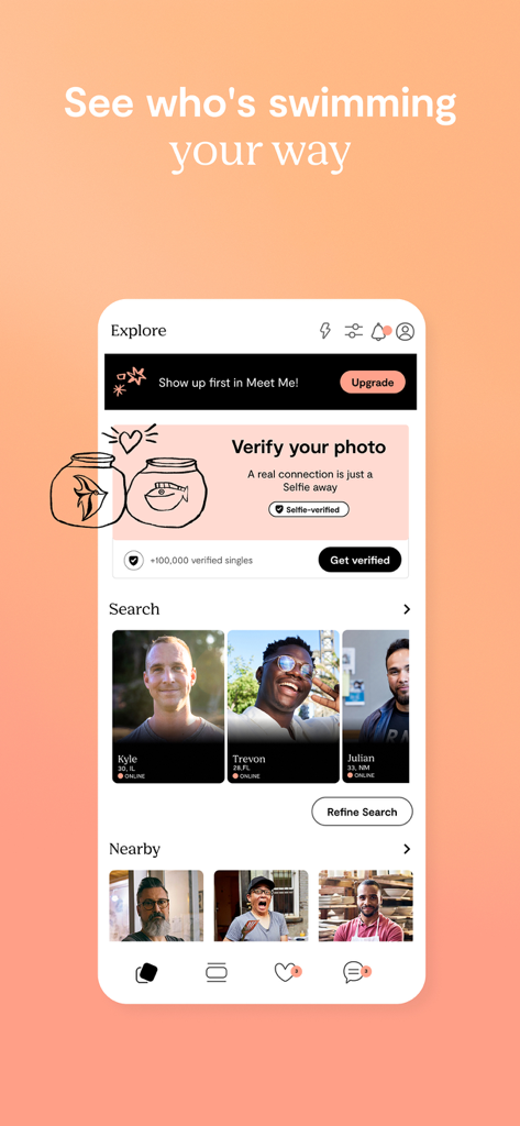 Plenty of Fish app explore screen with profile search and photo verification banner
