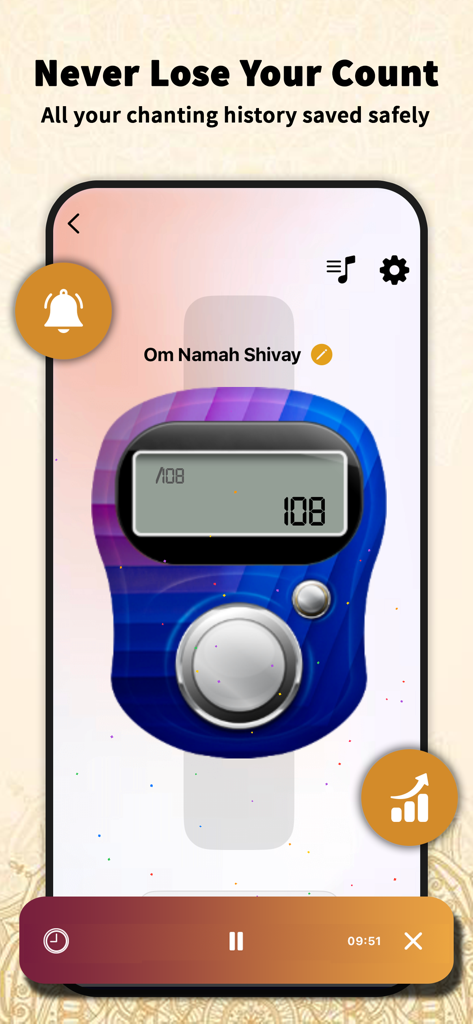 Japa Counter – Mantra Tracker - Digital interface of the Japa Counter app showing a mantra count of 108 for Om Namah Shivay