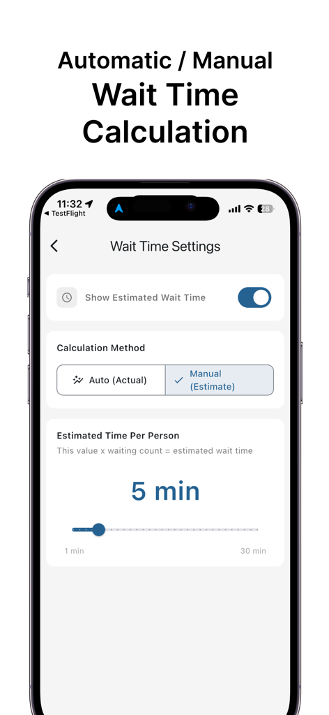順番待ちパネル | 呼び出し番号の表示用呼出システム - Smartphone screen displaying wait time calculation settings with options for automatic and manual estimation