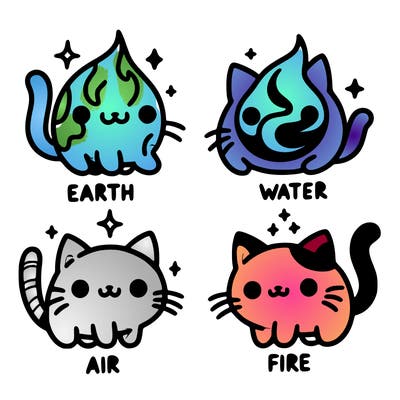 4 cats that represent the different elements, earth, water, air, and fire