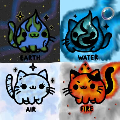 4 cats that represent the different elements, earth, water, air, and fire